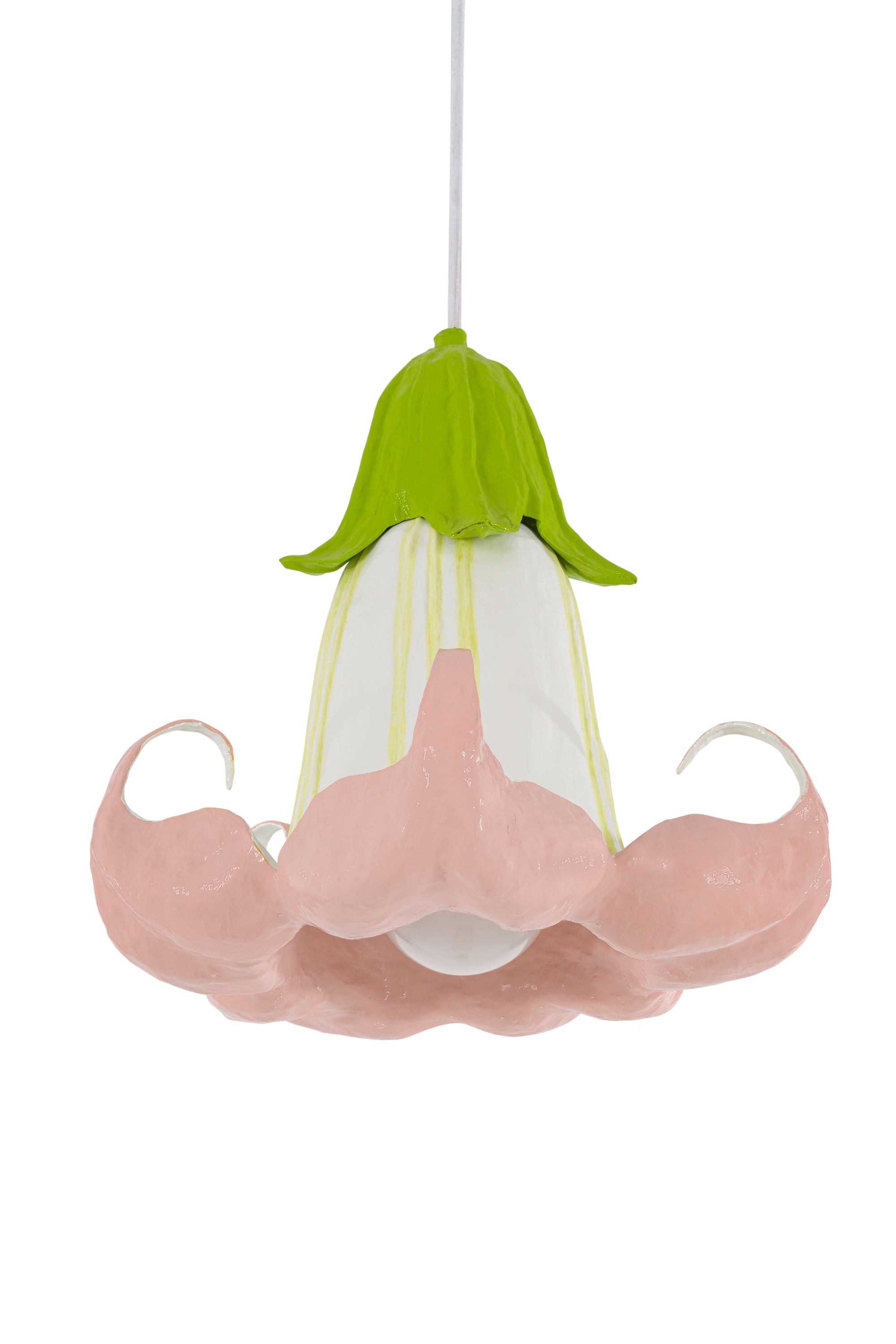Floral-shaped pink and green pendant light on a white background