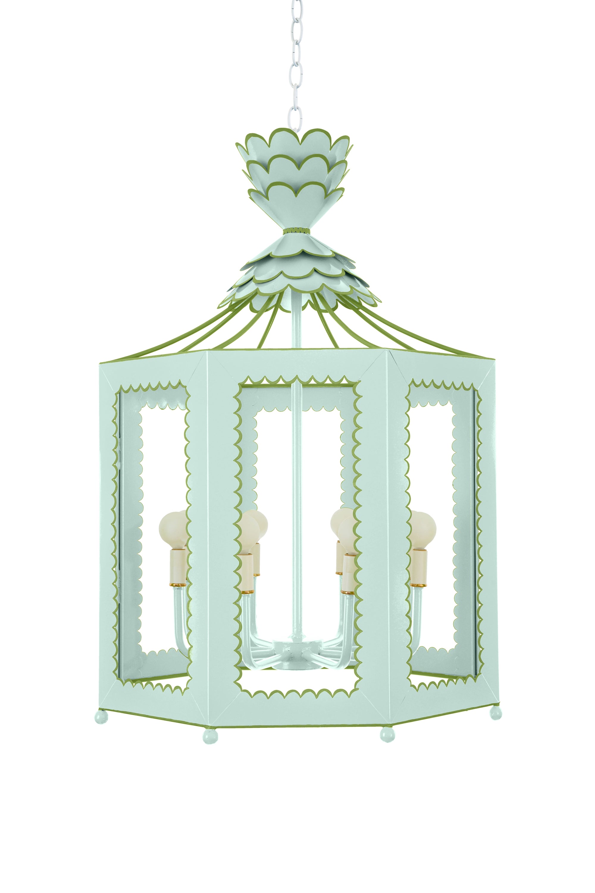Decorative hanging lantern with a light blue-green color on a white background