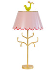 Light pink Mrs English lamp, red trim on scallops, chartreuse birdie finial